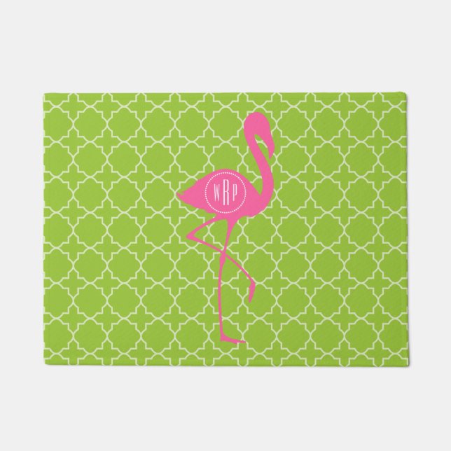 Grüne Quatrefoil Monogramm-Rosa-Flamingo-Fußmatte Fußmatte (Vorderseite)