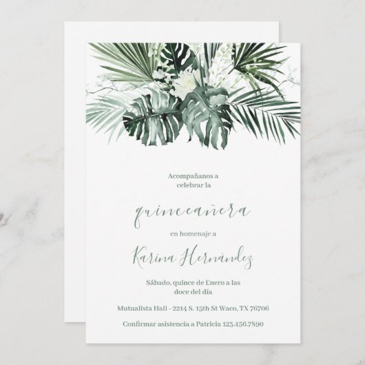 Grüne Quinceanera Einladung auf Spanisch (Vorne/Hinten)