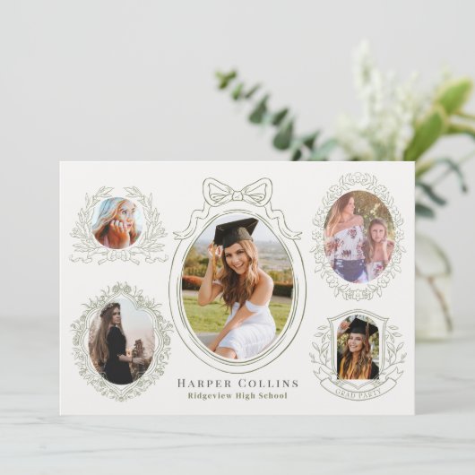 Grüne Rahmen und botanische Akzente Creme Abschlus Einladung (Stehend Vorderseite)