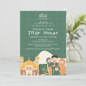 Grüne Ramadan-Iftar-Einladung mit Moschee, Koran Einladung (Stehend Vorderseite)
