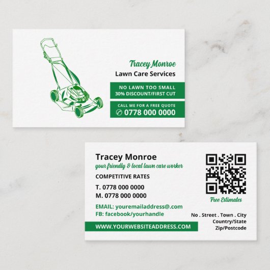 Grüne Rasenmäher, Rasenpflege Visitenkarte (Vorne/Hinten)