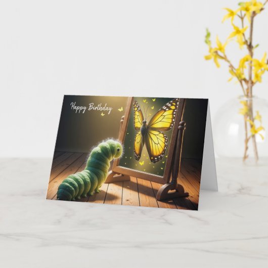 Grüne Raupe am Geburtstag Schmetterling Karte (Gelbe Blume)