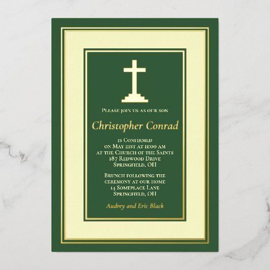 Grüne Real Gold Foil katholische Bestätigung Folieneinladung (Vorderseite)