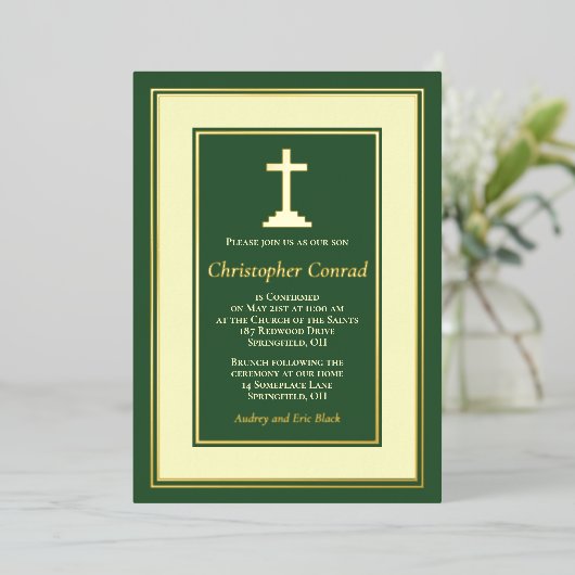 Grüne Real Gold Foil katholische Bestätigung Folieneinladung (Stehend vorne)