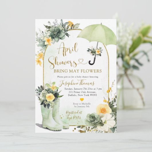 Grüne Regenschirm April Duschen Baby Dusche Einladung (Stehend Vorderseite)