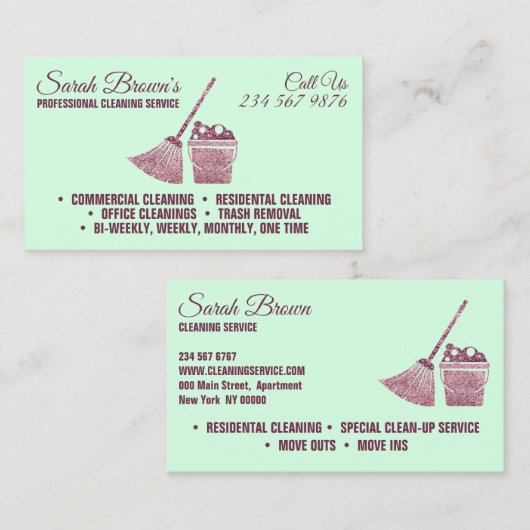 Grüne Reinigungsdienst Haushaltshilfe Janitorial f Visitenkarte (Vorne/Hinten)