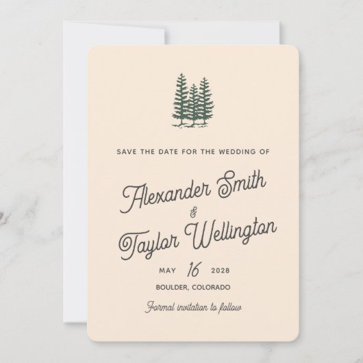 Grüne Retro Bäume QR Code Hochzeit Save The Date (Vorderseite)