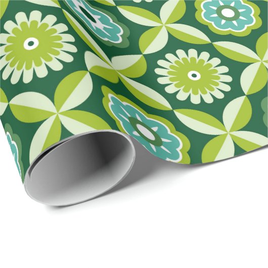 Grüne Retro-Blume Geschenkpapier (Rolleneckpunkt)