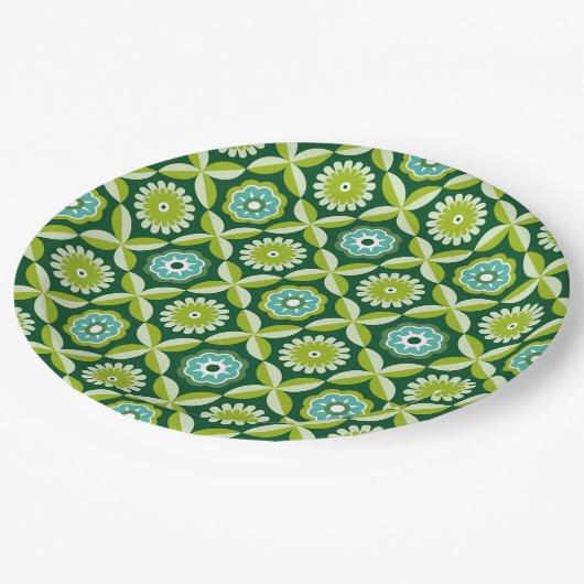 Grüne Retro-Blume Pappteller (Schrägansicht)