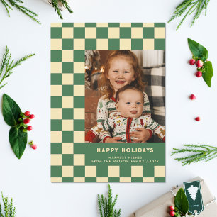 Grüne Retro-Groovy-Karierte-Frohe-Weihnachten-Foto Feiertagspostkarte