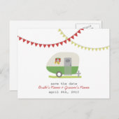 Grüne Retro-Trailer-Hochzeit speichert das Datum d Ankündigungspostkarte (Vorne/Hinten)