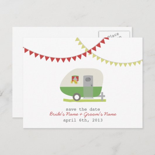 Grüne Retro-Trailer-Hochzeit speichert das Datum d Ankündigungspostkarte (Vorne/Hinten)