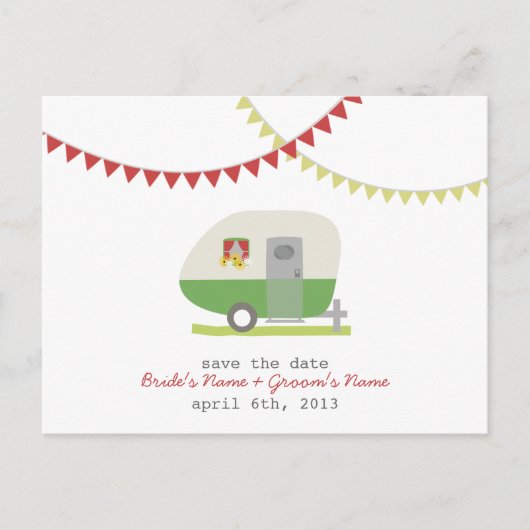 Grüne Retro-Trailer-Hochzeit speichert das Datum d Ankündigungspostkarte (Vorderseite)