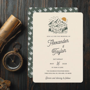 Grüne Retro-Vintage-Gebirgslandschaft-Hochzeit Einladung
