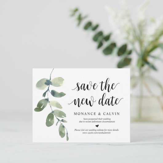 Grüne, Rett des neuen Datums, Hochzeit verschoben Postkarte (Stehend Vorderseite)