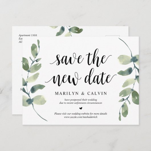 Grüne, Rett des neuen Datums, Hochzeit verschoben Postkarte (Vorne/Hinten)