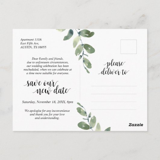 Grüne, Rett des neuen Datums, Hochzeit verschoben Postkarte (Rückseite)