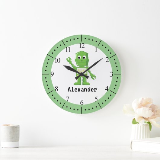 Grüne Roboterkinder Große Wanduhr (Zuhause)