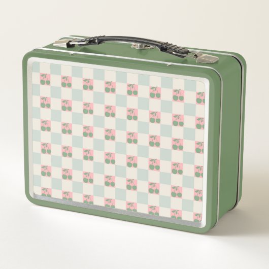 Grüne rosa Ästhetik Cherry Chirered Y2K Muster Metall Brotdose (Rückseite)