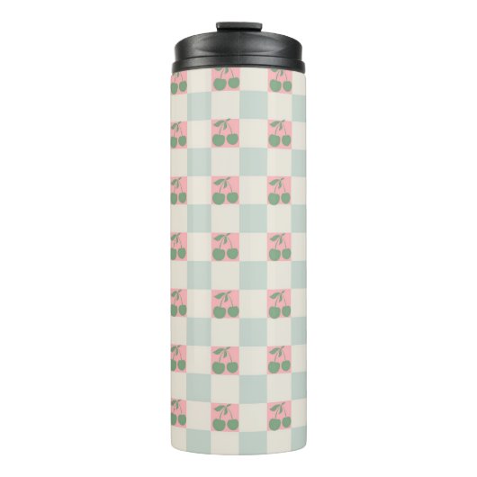 Grüne rosa Ästhetik Cherry Chirered Y2K Muster Thermosbecher (Vorderseite)