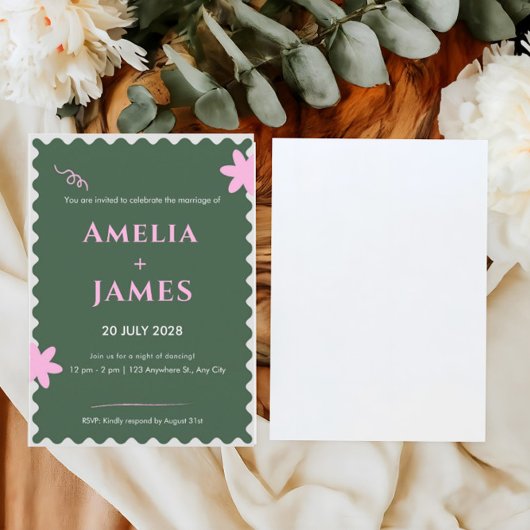 Grüne Rosa Doodle Hochzeit Einladung