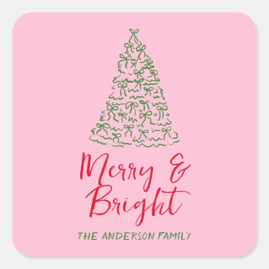 Grüne Rosa Handgezeichnete Ribbons Weihnachten Bau Quadratischer Aufkleber (Vorderseite)
