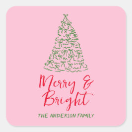 Grüne Rosa Handgezeichnete Ribbons Weihnachten Bau Quadratischer Aufkleber