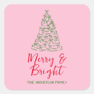 Grüne Rosa Handgezeichnete Ribbons Weihnachten Bau Quadratischer Aufkleber
