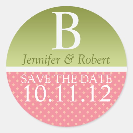 Grüne rosa Monografie Hochzeit speichern das Datum Runder Aufkleber (Vorderseite)