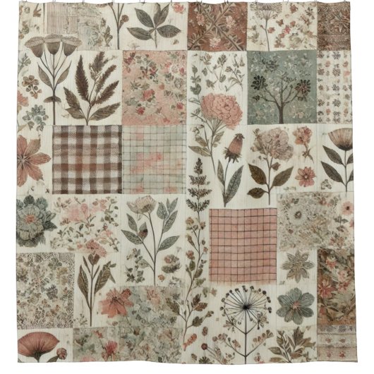 Grüne rosa Patchwork Rustikale Retro-Blumenfarm Duschvorhang (Vorderseite)