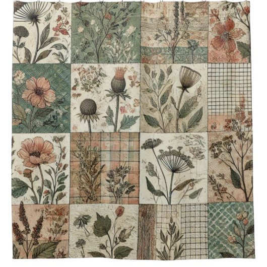 Grüne rosa Patchwork Rustikale Retro-Blumenfarm Duschvorhang (Vorderseite)