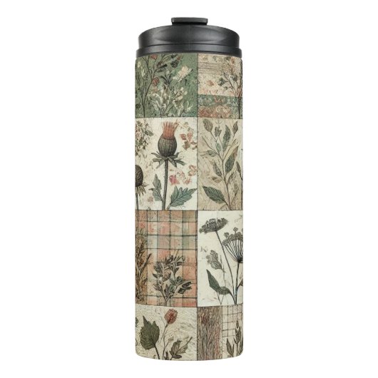 Grüne Rosa Patchworkdecke Rustikal Retro Boho Thermosbecher (Vorderseite)