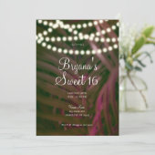Grüne rosa tropische Palmwedel & Lichter Sweet 16 Einladung (Stehend Vorderseite)
