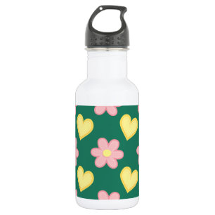 Grüne, rosa und gelbstickte Herzen und Blume Edelstahlflasche
