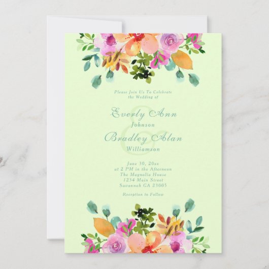 Grüne Rosa Wasserfarbe Blumenromantische Hochzeit Einladung (Vorderseite)