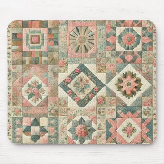 Grüne Rosafarben-Rosa-Patchwork-Blumenmuster-Stegk Mousepad (Vorne)
