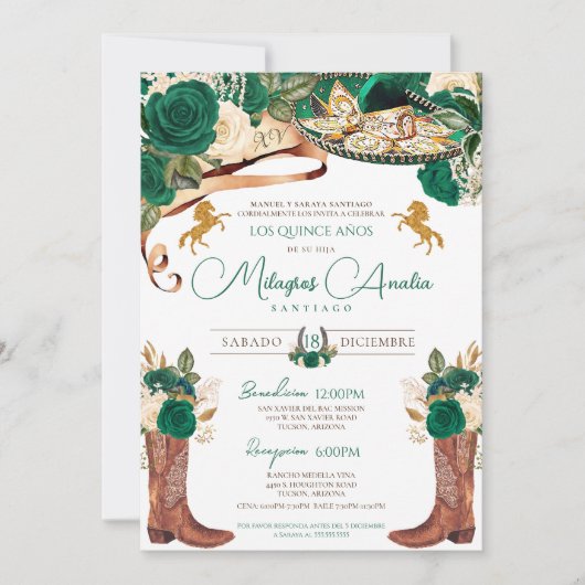 Grüne Rose Extravaganter Western Charro Quinceaner Einladung (Vorderseite)