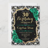 Grüne Rose Gold Black Damask 30. Geburtstag Einladung (Vorderseite)