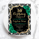 Grüne Rose Gold Black Damask 50. Geburtstag Einladung<br><div class="desc">40. Geburtstagsfeier Party Einladung. Elegantes florales smaragdgrünes Design mit Imitaten Glitzer Gold und Rose. Enthält ein schwarz-weißes Damask-Muster und einen Script-Schriftart. Ideal für eine stilvolle Damenfeier. Kann für jedes Alter angepasst werden! Gedruckte Zazzle Einladungen oder Sofortdownload digitalen druckbaren Vorlage.</div>