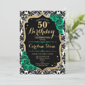Grüne Rose Gold Black Damask 50. Geburtstag Einladung (Stehend Vorderseite)