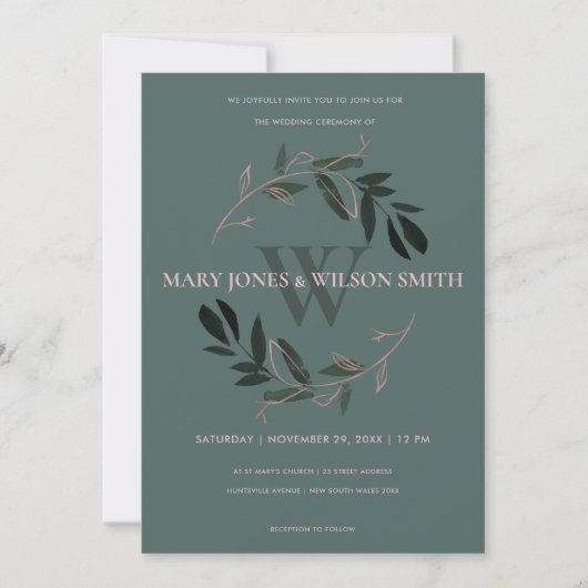 GRÜNE ROSE GOLD FOLIAGE WREATH WEDING INVITE DANKESKARTE (Vorderseite)