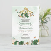 Grüne Rose Gold Tiara Butterfly Quinceanera Einladung (Stehend Vorderseite)