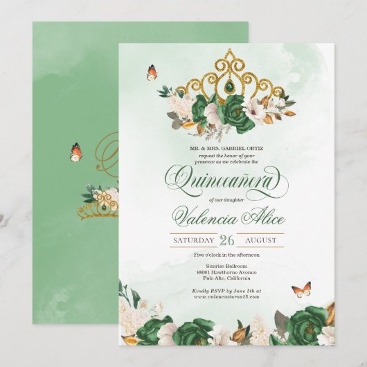 Grüne Rose Gold Tiara Butterfly Quinceanera Einladung (Vorne/Hinten)