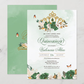 Grüne Rose Gold Tiara Butterfly Quinceanera Einladung