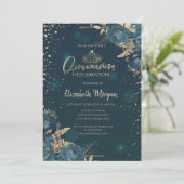 Grüne Rose, Gold Tiara, Diamonds Quinceañera Einladung (Stehend Vorderseite)