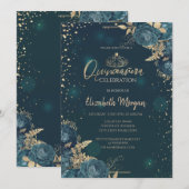 Grüne Rose, Gold Tiara, Diamonds Quinceañera Einladung (Vorne/Hinten)