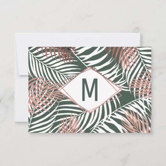 Grüne Rose Gold Tropical Palm Tree Blätter Hochzei Ankündigung (Rückseite)