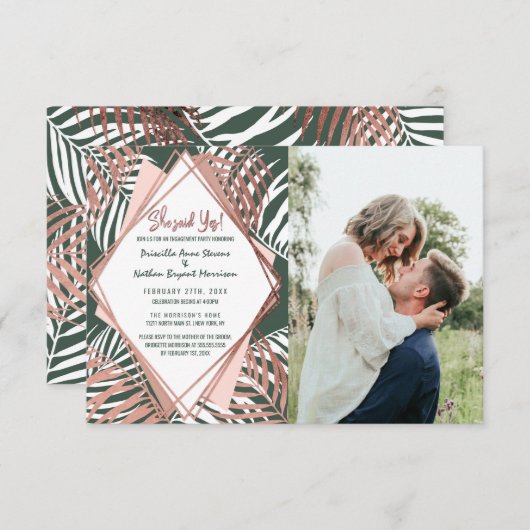 Grüne Rose Gold Tropical Palm Tree Blätter Hochzei Ankündigung (Vorne/Hinten)