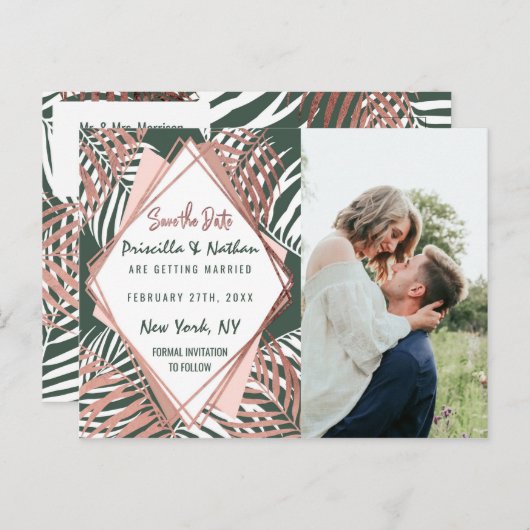 Grüne Rose Gold Tropical Palm Tree Leaf Rett Datum Postkarte (Vorne/Hinten)