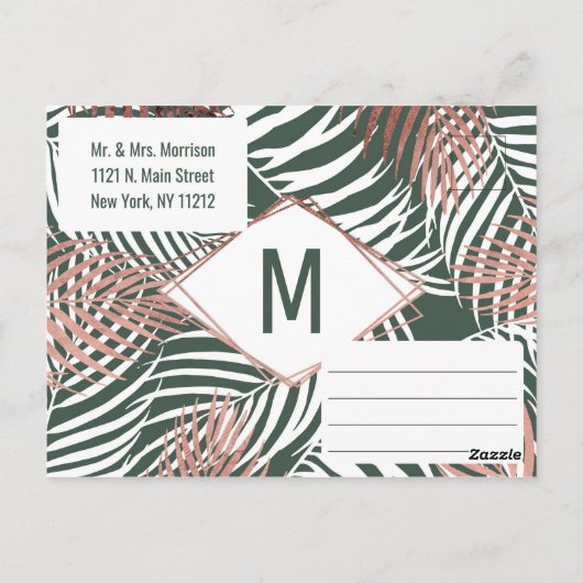 Grüne Rose Gold Tropical Palm Tree Leaf Rett Datum Postkarte (Rückseite)